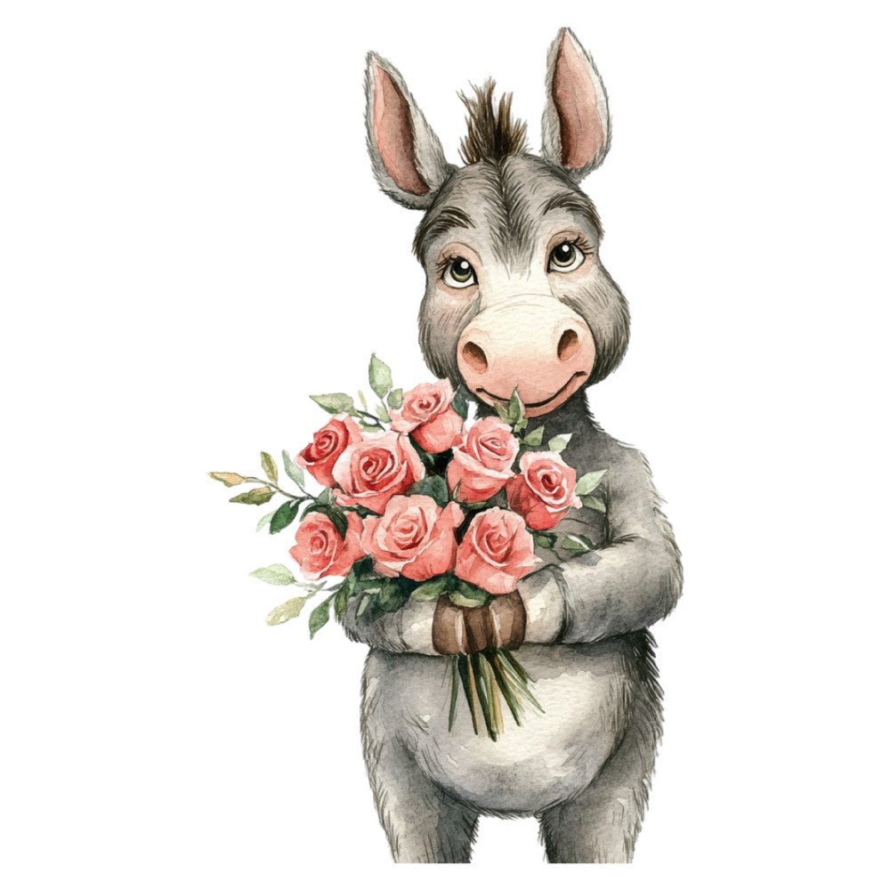 donkey, animal, floral, roses, coral pink, blush pink, gray, grey, cream, white, whimsical, cute, charming, farmhouse, botanical, bouquet, nature, spring, summer, greeting card, children's, baby, woodland, sweet, endearing, gentle, folk art, watercolor, illustration, romantic