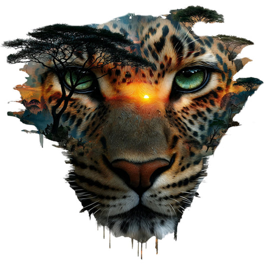leopard, big cat, wildlife, animal face, green eyes, sunset, golden yellow, warm orange, black, cream, nature, safari, african, double exposure, artistic, modern, whimsical, fantasy, acacia trees, savanna, dramatic, bold, striking, wall art, landscape blend, ethereal, dreamlike, mixed media aesthetic