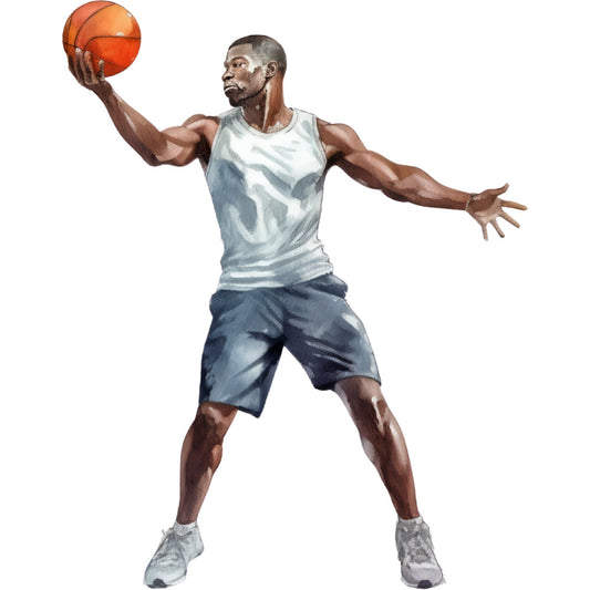 basketball, sports, athletic, male athlete, action pose, ball sport, competitive, dynamic, energy, motion, orange, white, gray, blue, navy, tan, skin tone, realistic illustration, portrait, figure study, contemporary, modern, casual wear, tank top, shorts, sneakers, fitness, recreation, leisure, active lifestyle