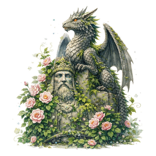 dragon, fantasy, stone statue, bearded king, crown, wings, moss, ivy, roses, pink roses, blush pink, sage green, olive green, gray stone, golden accents, floral, nature, magical, whimsical, elegant, vintage, romantic, botanical, enchanted, fairytale, castle, regal, ornate, garden, climbing vines