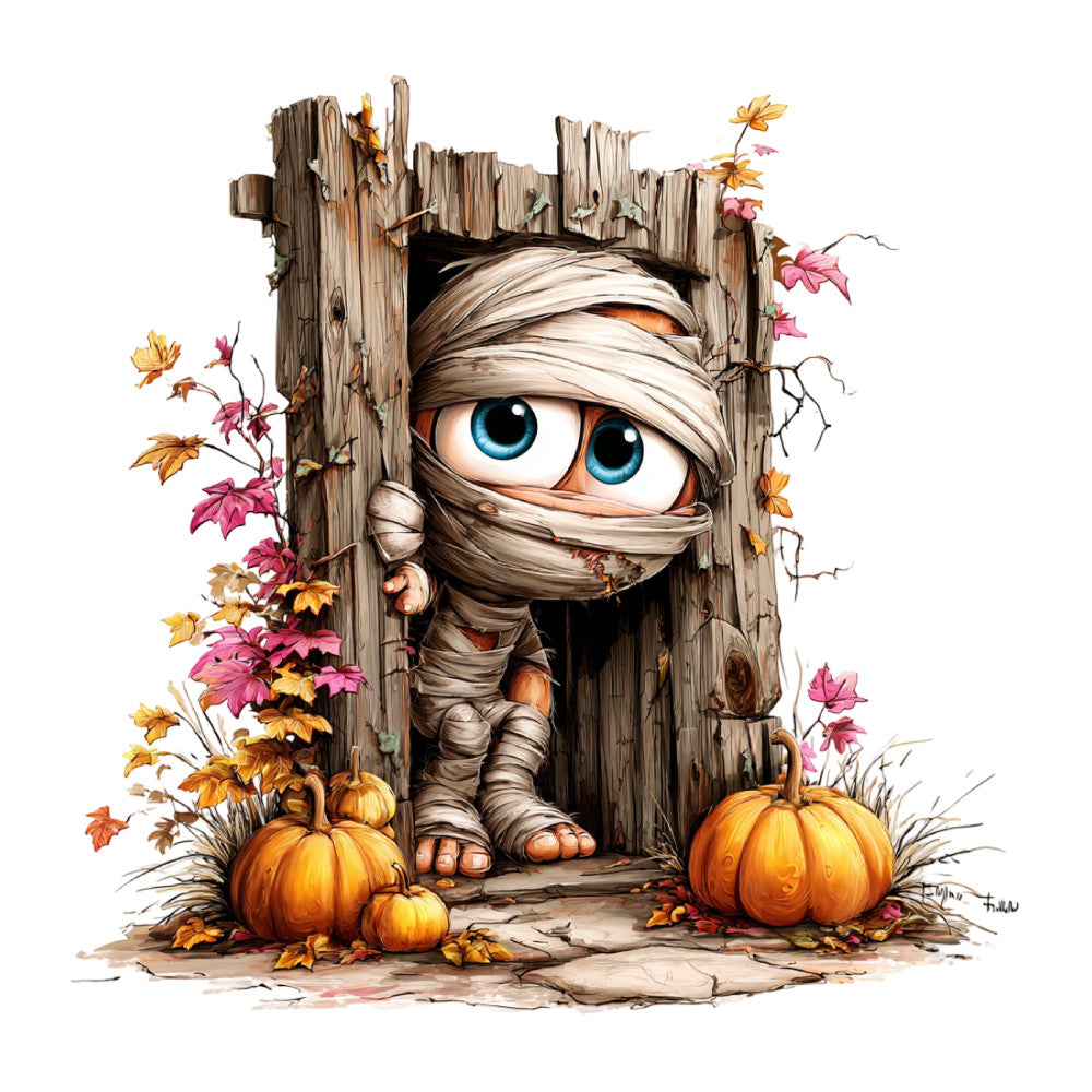 mummy, halloween, autumn, fall, pumpkin, orange, cream, tan, brown, gray, pink, whimsical, cute, spooky, playful, rustic, farmhouse, seasonal, holiday, character, leaves, flowers, vines, ivy, wooden, wood texture, october, harvest, decorative, children's