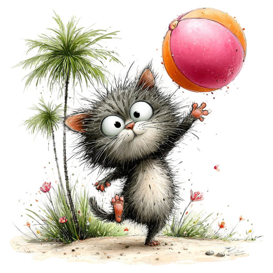 whimsical cat, playful animal, pink balloon, coral orange, charcoal gray, sage green, nature themed, children's illustration, cute character, spring flowers, summer vibes, playful design, whimsical style, botanical elements, fluffy cat, expressive eyes, garden scene, cheerful mood, illustration art, kids fabric, nursery decor, storybook style, furry animal, flower motifs, grass and flowers, light hearted, joyful design, playful character fabric