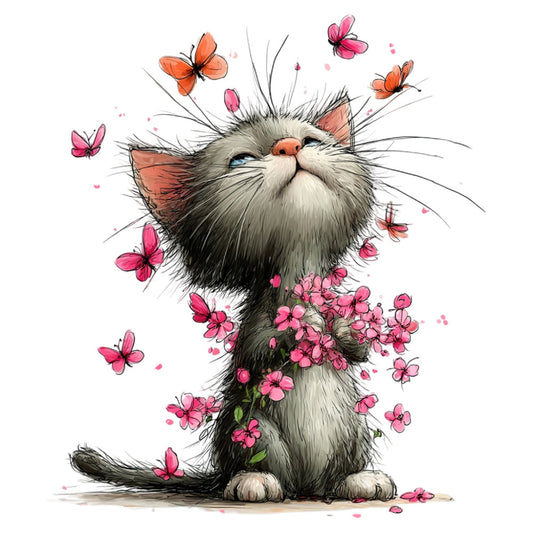 cat, fluffy cat, long-haired cat, pink flowers, coral butterflies, orange butterflies, whimsical, playful, nature, animals, spring, summer, floral, butterflies, cute, charming, illustration style, watercolor, artistic, gray and white cat, rose pink, coral orange, delicate, garden theme, children's fabric, magical, dreamy, botanical, uplifting