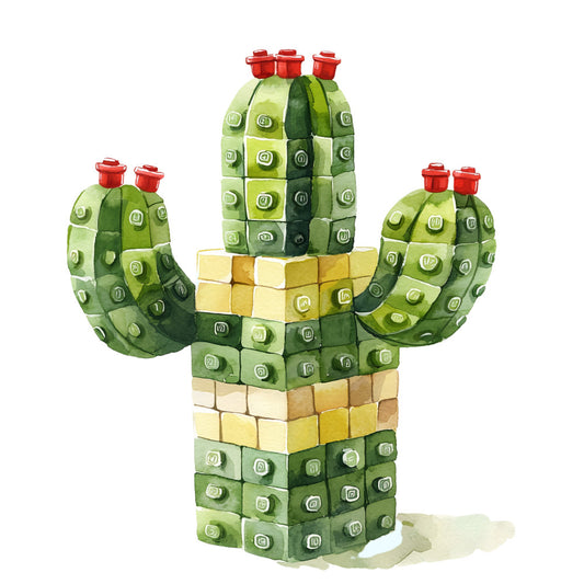 green, yellow, red, cactus, building blocks, geometric pattern, desert plant, succulent, pixelated design, fabric panel, quilting cotton, modern art style, botanical theme, blocky texture, lime green, forest green, golden yellow, coral red, digital art, contemporary design