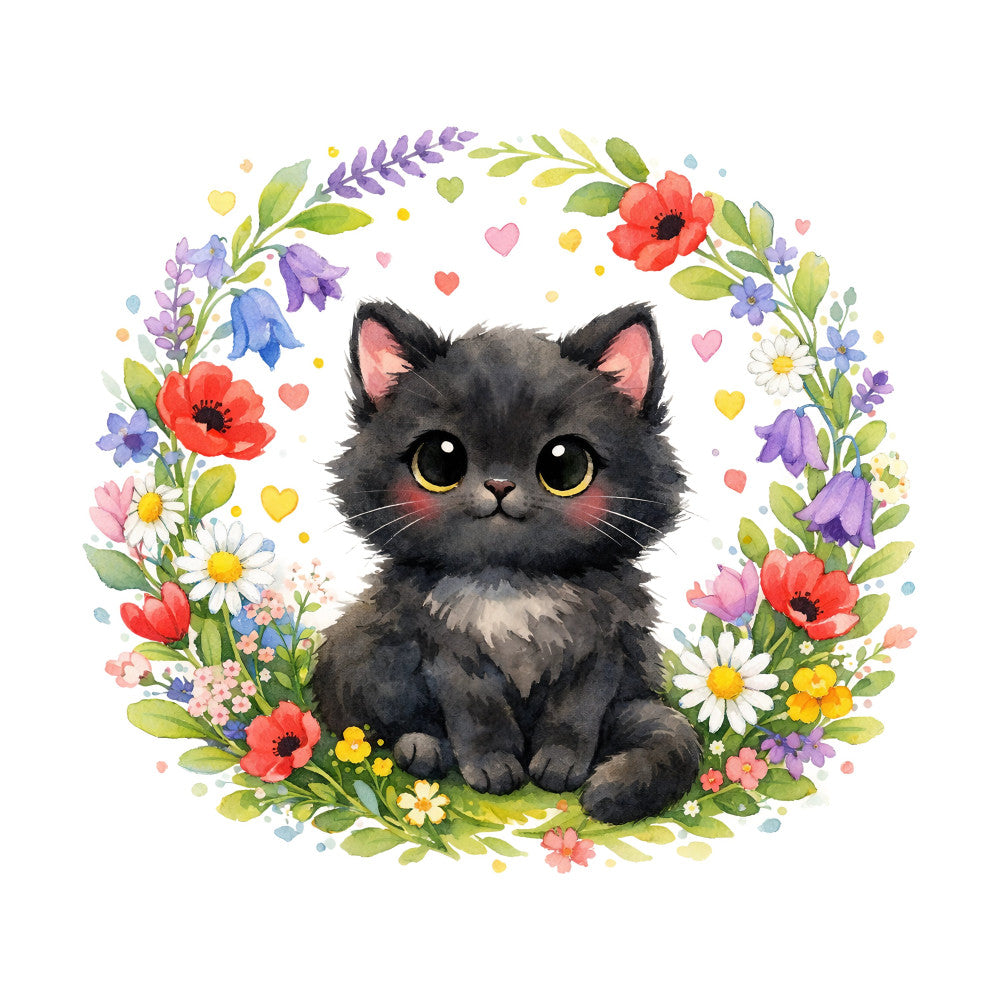 black cat, floral wreath, colorful flowers, whimsical, cute animals, spring flowers, pastel colors, purple flowers, red poppies, white daisies, yellow flowers, pink hearts, green leaves, cat illustration, nature theme, botanical, garden flowers, sweet style, children's design, baby quilt, wall hanging, spring theme, playful, cheerful, kitten, flower crown, meadow flowers, soft watercolor style, animal lover, charming