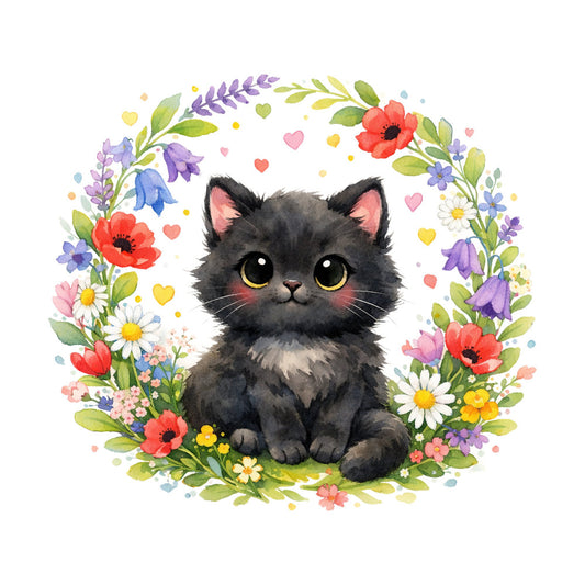 black cat, floral wreath, colorful flowers, whimsical, cute animals, spring flowers, pastel colors, purple flowers, red poppies, white daisies, yellow flowers, pink hearts, green leaves, cat illustration, nature theme, botanical, garden flowers, sweet style, children's design, baby quilt, wall hanging, spring theme, playful, cheerful, kitten, flower crown, meadow flowers, soft watercolor style, animal lover, charming