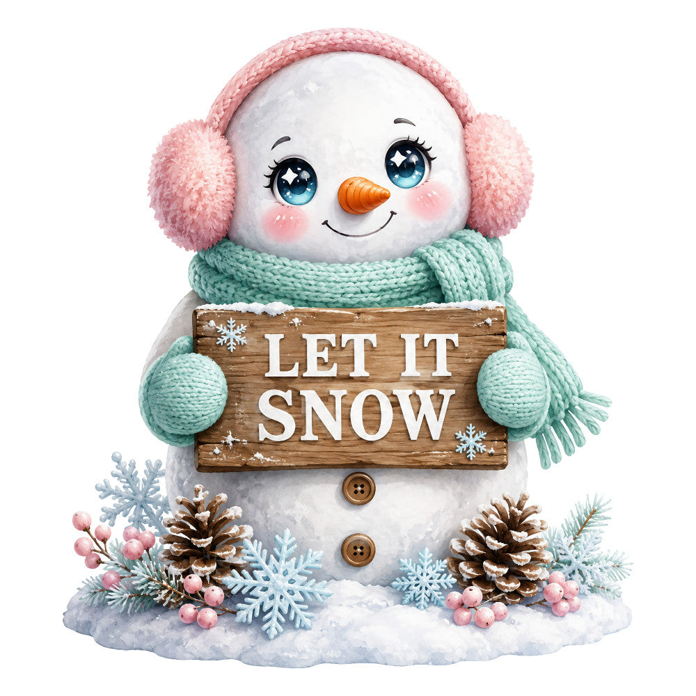 snowman, winter, holiday, christmas, let it snow, white, mint green, sage green, dusty rose, pink, coral pink, orange, brown, whimsical, cute, cheerful, festive, seasonal, snow, snowflakes, pine cones, berries, scarf, earmuffs, button eyes, children's, baby, wall hanging, christmas decoration, winter theme