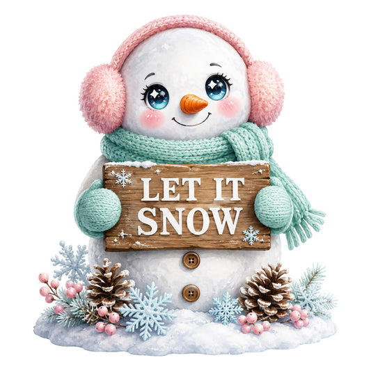 snowman, winter, holiday, christmas, let it snow, white, mint green, sage green, dusty rose, pink, coral pink, orange, brown, whimsical, cute, cheerful, festive, seasonal, snow, snowflakes, pine cones, berries, scarf, earmuffs, button eyes, children's, baby, wall hanging, christmas decoration, winter theme