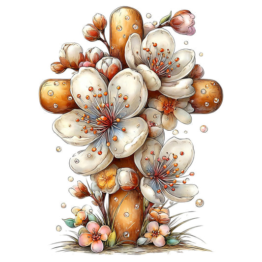 cream, peach, orange, amber, white, floral cross, cherry blossoms, watercolor style, spring flowers, religious motif, fabric panel, quilting cotton, botanical design, soft pastels, delicate petals, stamens, buds, gentle artwork, spiritual theme, easter flowers