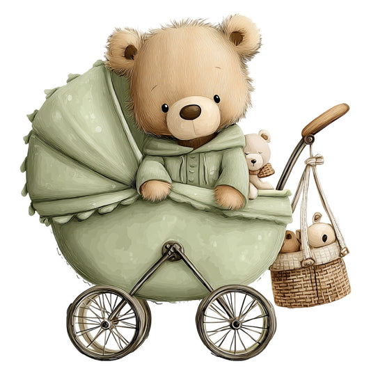 sage green, cream, tan, beige, soft green, pastel green, teddy bear, baby carriage, pram, stroller, cute animals, whimsical, nursery, baby shower, baby quilt, children's fabric, vintage carriage, stuffed animals, bears, adorable, sweet, gentle, soft, springtime, baby announcement, new baby, charming, storybook style, illustration art