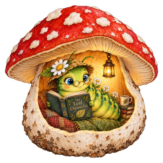 red and white polka dot, forest green, golden yellow, cream, whimsical, caterpillar, mushroom house, reading, storybook, nature, woodland, fantasy, fairy tale, children's, adorable, cute, daisies, floral accents, lantern, cozy cottage, vintage illustration, magical, enchanted, spring, children's book, nursery, baby, whimsy, illustrative