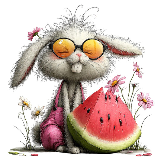 whimsical rabbit, bunny with glasses, funny animals, cute creatures, watermelon, summer fruit, daisy flowers, pink daisies, orange sunglasses, fluffy bunny, children's illustration, playful design, pastel colors, soft gray, coral pink, cream white, nature themed, garden animals, spring theme, whimsical style, quirky illustration, humorous art, decorative panel, kid-friendly design, animal characters, floral accents, summer vibes, cheerful prints, artistic illustration, novelty print