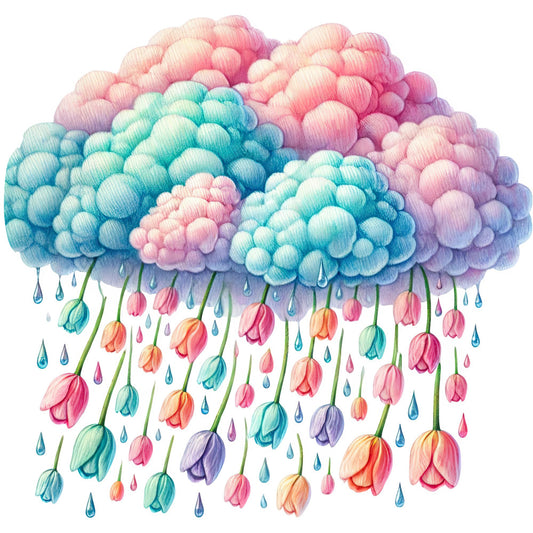 pastel pink, pastel blue, pastel purple, coral pink, turquoise, lavender, soft pink, sky blue, watercolor, floral, tulips, rain drops, whimsical, dreamy, fantasy, magical, nature, spring, garden, botanical, cloud, raindrop, romantic, feminine, soft, delicate, ethereal, children, baby, nursery
