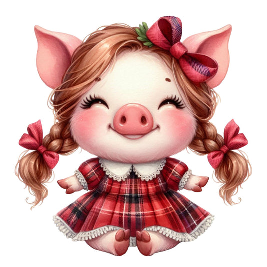 cute pig, pig character, farm animals, plaid pattern, red plaid, tartan, pearl trim, lace trim, brown hair, pigtails, bows, ribbon bows, whimsical, children's fabric, nursery, baby quilt, girl's quilt, farmhouse style, cottage core, vintage inspired, coral pink, cream white, red and black plaid, pearl white, playful, cheerful, animal character, dress up theme, country style, folk art