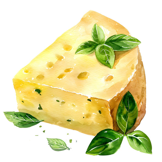 cheese, basil, food, kitchen, culinary, gourmet, pale yellow, cream, golden yellow, sage green, botanical, herbs, farmhouse, rustic, elegant, sophisticated, food illustration, realistic, detailed, spring, summer, fresh, natural, italian, european, table runner, kitchen decor, home decor, food themed, culinary arts