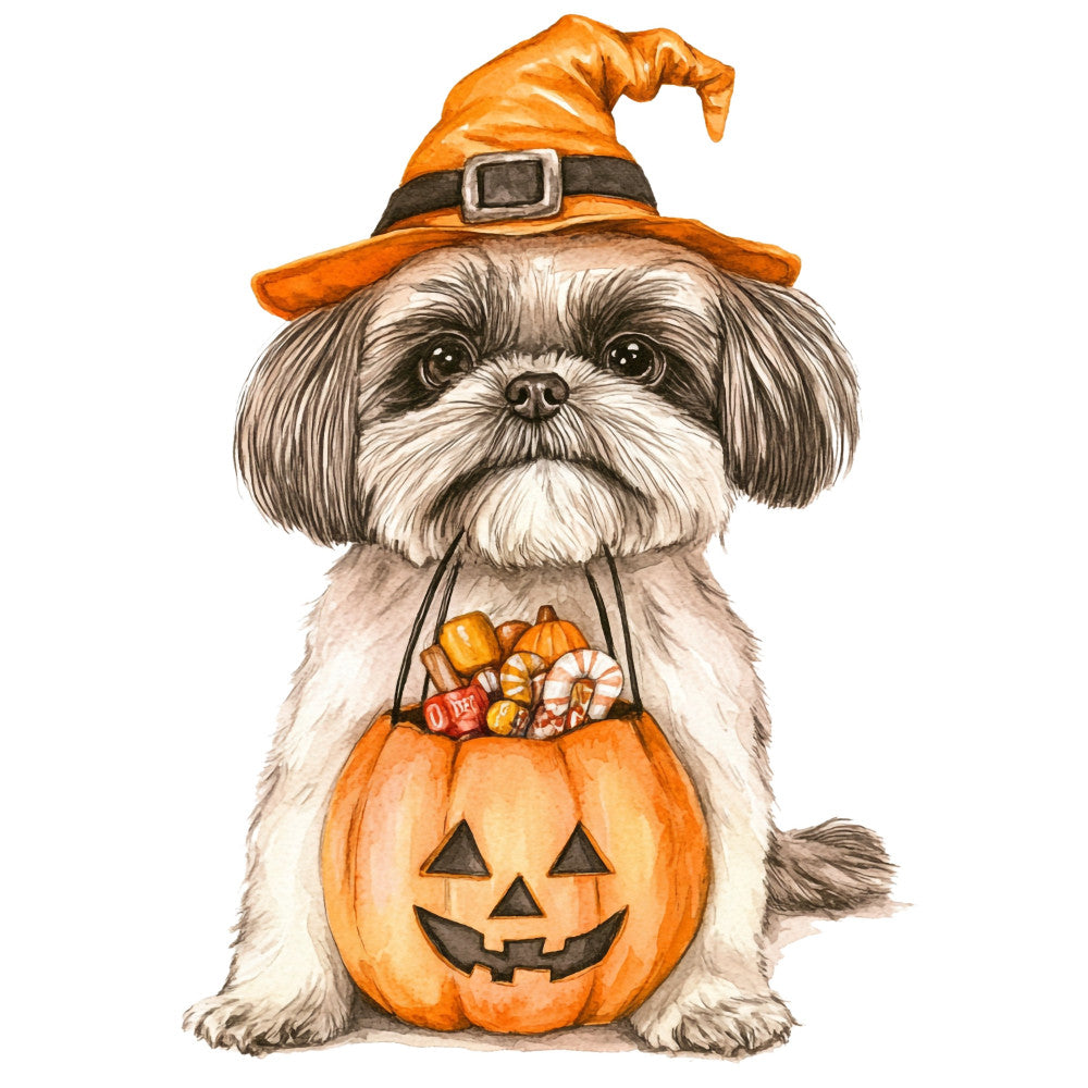 halloween, shih tzu, dog, witch hat, pumpkin, orange, cream, white, brown, black, whimsical, festive, autumn, fall, trick or treat, candy bucket, jack-o-lantern, animal, pet, holiday, cute, playful, seasonal, children's, novelty, decorative, charming, illustrated, watercolor style