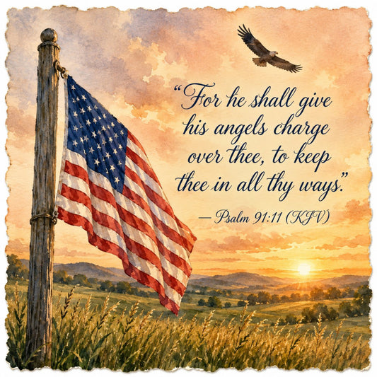 american flag, patriotic, psalm 91:11, scripture, religious, inspirational, eagle, bird, golden sunset, wheat field, rural landscape, americana, vintage, rustic, traditional, military, memorial, tribute, navy blue, red, white, cream, gold, tan, nature, countryside, farmland, spiritual, faith, protection
