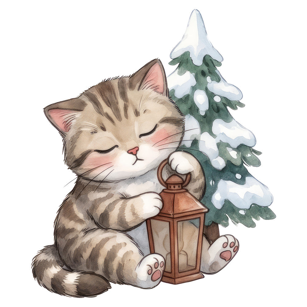 cat, winter, snow, christmas, holiday, evergreen tree, lantern, cozy, whimsical, cute, tabby cat, forest green, cream, white, brown, rust, festive, seasonal, animals, nature, kawaii, children's, baby, illustration, adorable, rustic, warm, peaceful, sleeping cat