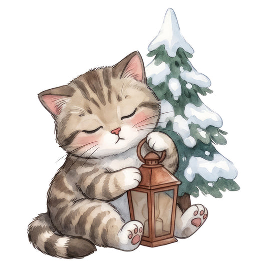 cat, winter, snow, christmas, holiday, evergreen tree, lantern, cozy, whimsical, cute, tabby cat, forest green, cream, white, brown, rust, festive, seasonal, animals, nature, kawaii, children's, baby, illustration, adorable, rustic, warm, peaceful, sleeping cat