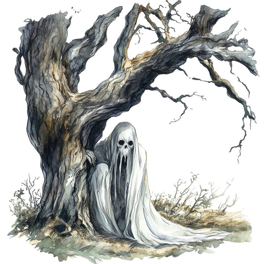 ghost, skeleton, spooky, halloween, dead tree, gnarled tree, creepy, dark, supernatural, gothic, charcoal gray, bone white, sage green, earthy tones, autumn, fall, horror, fantasy, whimsical, eerie, haunted, bare branches, twisted tree, nature, dark academia, vintage illustration, watercolor, ethereal, mystical, spooky season