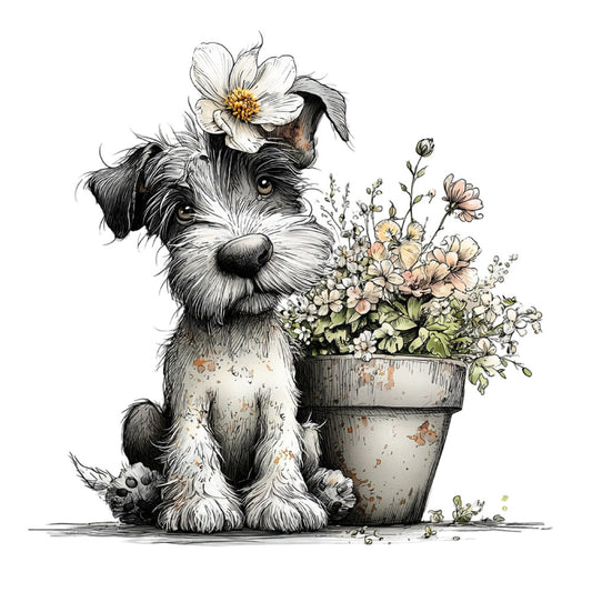 dog, puppy, terrier, black and white, cream, tan, beige, rust, floral, flowers, cosmos, daisy, potted plant, garden, nature, animal, whimsical, cute, charming, spring, summer, botanical, cottage core, farmhouse, vintage, illustration, sketch, ink drawing, children, kids