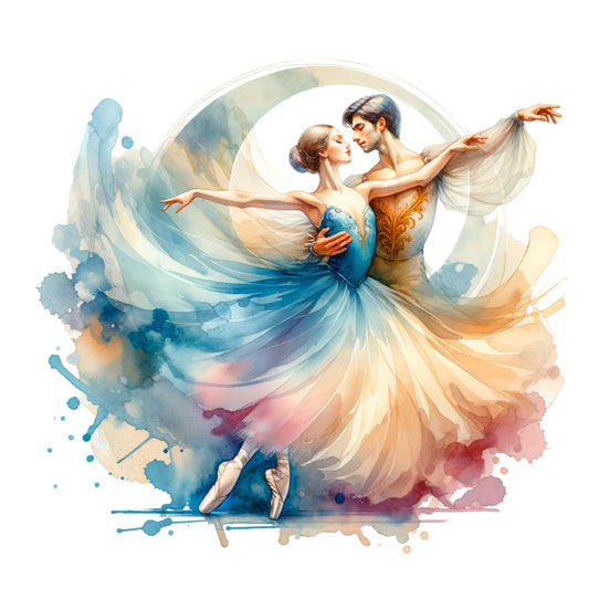 ballet dancers, watercolor style, flowing fabric, turquoise blue, warm orange, soft pastels, romantic couple, graceful movement, tulle skirts, dance pose, artistic splashes, ethereal mood, fabric panel, quilting cotton, performance art, elegant figures, swirling motion, dreamy atmosphere, dance studio theme
