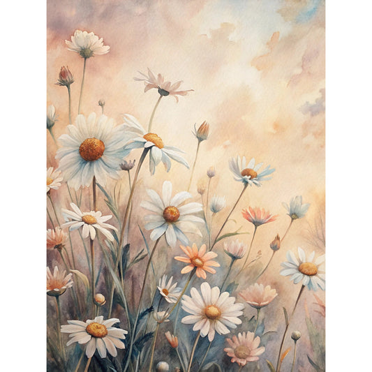 daisy flowers, white petals, orange centers, watercolor style, soft pastels, peach tones, cream background, floral meadow, botanical art, fabric panel, quilting cotton, dreamy atmosphere, wildflowers, stems and buds, artistic painting, spring blooms, gentle colors, nature scene, cottage garden