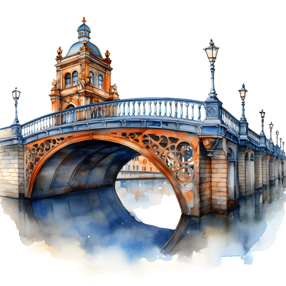 architecture, bridge, european, landmark, historical, travel, cityscape, buildings, watercolor, blue, orange, cream, beige, golden yellow, artistic, elegant, vintage, traditional, scenic, landscape, ornate, detailed, decorative, tower, dome, structure, classic, sophisticated, heritage, aquatic