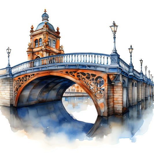 architecture, bridge, european, landmark, historical, travel, cityscape, buildings, watercolor, blue, orange, cream, beige, golden yellow, artistic, elegant, vintage, traditional, scenic, landscape, ornate, detailed, decorative, tower, dome, structure, classic, sophisticated, heritage, aquatic