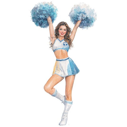 cheerleader, blue and white, sky blue, powder blue, teal, pom poms, sports, athletic, dance, performance, girl, woman, figurative, portrait, realistic, watercolor style, contemporary, modern, entertainment, stadium, cheer team, spirit wear, youth, energetic, dynamic, celebratory, summer, school spirit