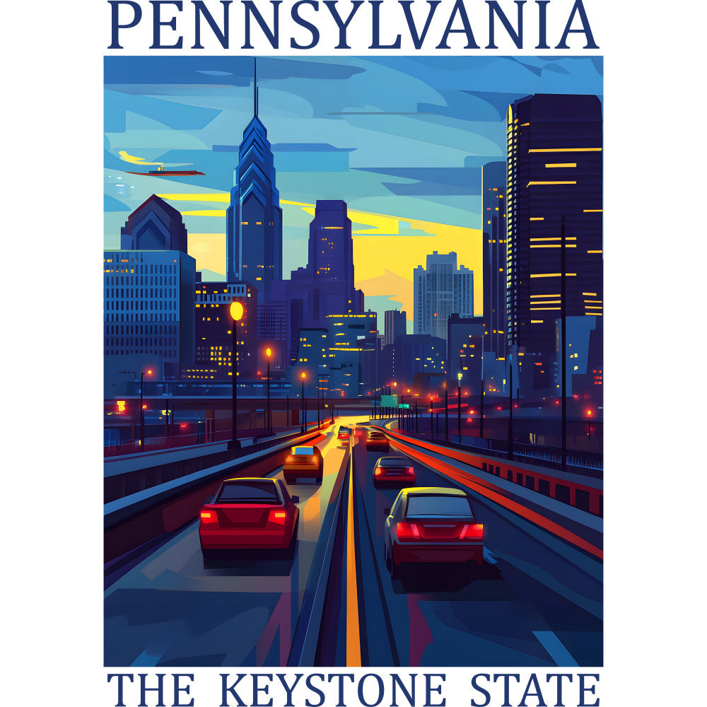 pennsylvania poster, keystone state, cityscape, skyline, highway scene, cars, traffic, twilight, dusk, blue tones, yellow accents, orange lights, fabric panel, travel poster, urban landscape, skyscrapers, road perspective, evening glow, geometric buildings, vintage poster style