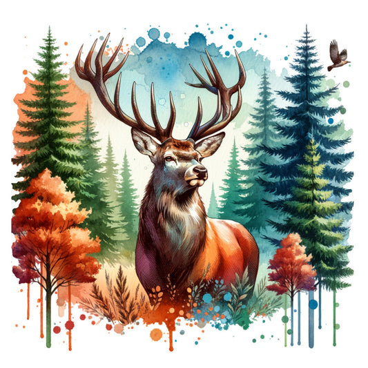deer, elk, stag, forest, woodland, nature, autumn, fall, winter, watercolor, abstract, rustic, bohemian, whimsical, forest green, teal, blue, orange, rust, burgundy, red, cream, wildlife, animals, trees, evergreen, pine, coniferous, bird, flying bird