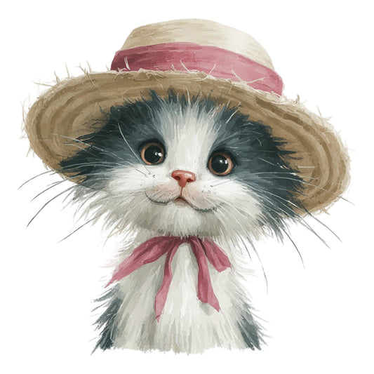 cat, kitten, straw hat, pink ribbon, whimsical, cute animals, children's fabric, baby, portrait, animal face, black and white cat, tabby cat, playful, charming, vintage style, pastoral, countryside, farmhouse, cream, dusty rose, tan, dark gray, white, animal illustration, pet lover, decorative panel, wall art, nursery, sweet, endearing