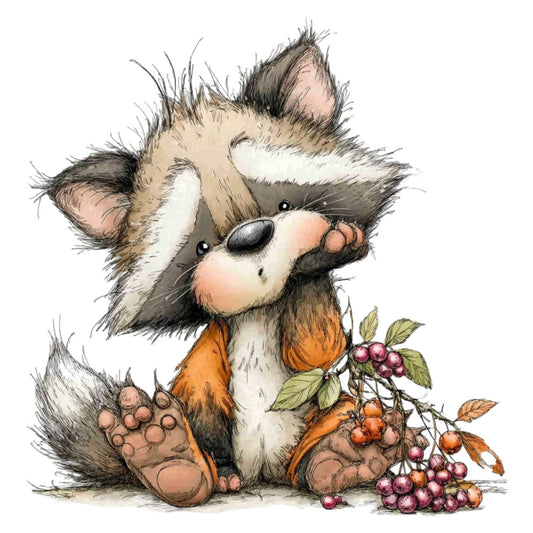 woodland creature, adorable animal, forest animal, whimsical, cute character, raccoon, berries, autumn berries, rowan berries, nature themed, children's illustration, storybook style, tan, cream, orange, brown, gray, forest green, charming, playful, fall harvest, woodland scene, animal character, sweet illustration, gentle style, rustic charm, baby quilt, nursery, children's fabric, illustrated animal