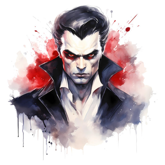 dramatic portrait, villain, gothic, dark fantasy, supernatural, red eyes, menacing, evil character, watercolor splash, ink splatter, crimson red, deep navy blue, charcoal black, pale ivory, moody aesthetic, dramatic lighting, comic book style, graphic novel, character art, halloween, dark themes, elegant villain, mysterious, intense expression, paint drip effect, artistic, contemporary, edgy style, entertainment, fantasy character