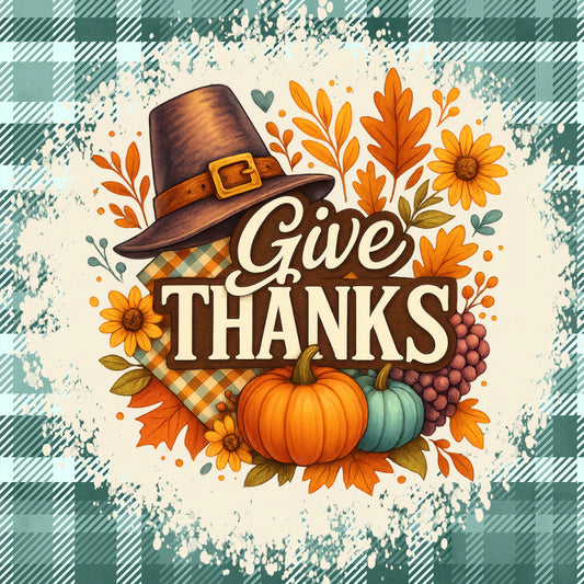 give thanks, thanksgiving, autumn, fall, harvest, pumpkin, sunflower, pilgrim hat, plaid, gingham, orange, cream, teal, forest green, rust, brown, gold, burgundy, farmhouse, rustic, vintage, whimsical, nature, seasonal, holiday, grapes, leaves, floral, festive, gratitude