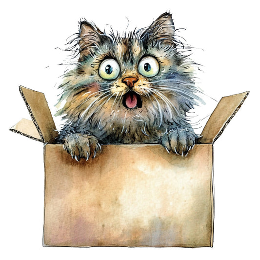 cat, fluffy cat, surprised cat, whimsical, animals, pet, cute, cardboard box, humorous, funny, illustrated, watercolor, gray, tan, brown, cream, blue-gray, green-blue, wide-eyed expression, playful, children's, kids, charming, quirky, lighthearted, gift fabric, apparel, home decor, novelty print