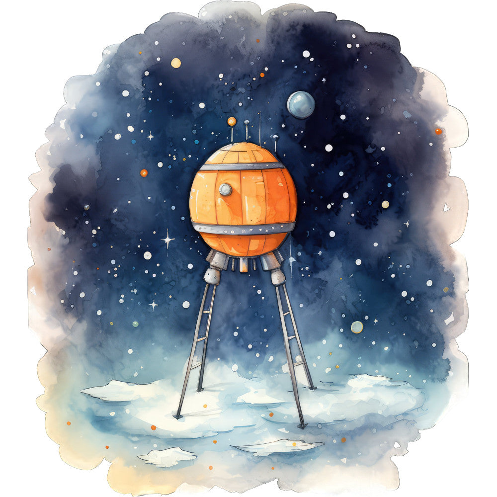 space exploration, orange spaceship, retro futuristic, whimsical, celestial, night sky, navy blue, orange, cream, pale blue, stars, planets, sci-fi, vintage space age, children's, adventure, steampunk, fantasy, dreamy, watercolor, soft pastel, cosmic, moon, clouds, geometric shapes, retro design, novelty print, illustration style, outer space theme
