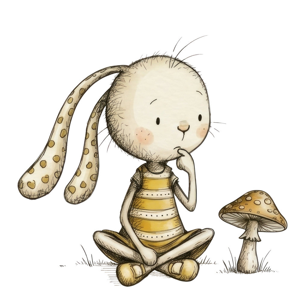 whimsical bunny, cream, tan, gold, brown, cute rabbit, woodland animals, mushroom, nature, children's, baby, soft, gentle, illustrated, storybook, nursery, pastel, animals, forest, sweet, tender, playful, child-friendly, springtime, nursey decor, bedding, baby quilt, wall hanging, buttercup yellow, ivory