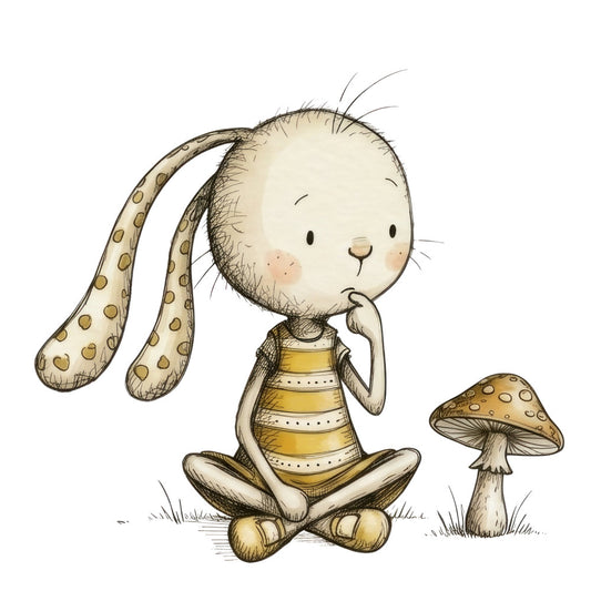 whimsical bunny, cream, tan, gold, brown, cute rabbit, woodland animals, mushroom, nature, children's, baby, soft, gentle, illustrated, storybook, nursery, pastel, animals, forest, sweet, tender, playful, child-friendly, springtime, nursey decor, bedding, baby quilt, wall hanging, buttercup yellow, ivory