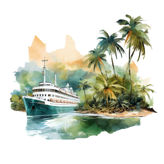 cruise ship, tropical island, palm trees, watercolor style, teal blue, green foliage, orange sunset, white vessel, ocean scene, fabric panel, quilting cotton, maritime theme, vacation motif, island paradise, aqua water, coral tones, botanical elements, travel design, coastal scenery, tropical getaway