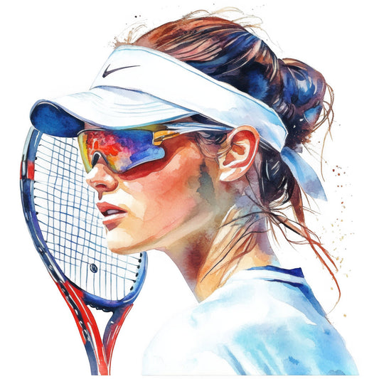 tennis, sports, athlete, watercolor, abstract, portrait, colorful, vibrant, multi-color, white, blue, red, orange, yellow, purple, modern, contemporary, artistic, painterly, woman, female, empowerment, active wear, summer, dynamic, energetic, gradient, splatter, illustrative