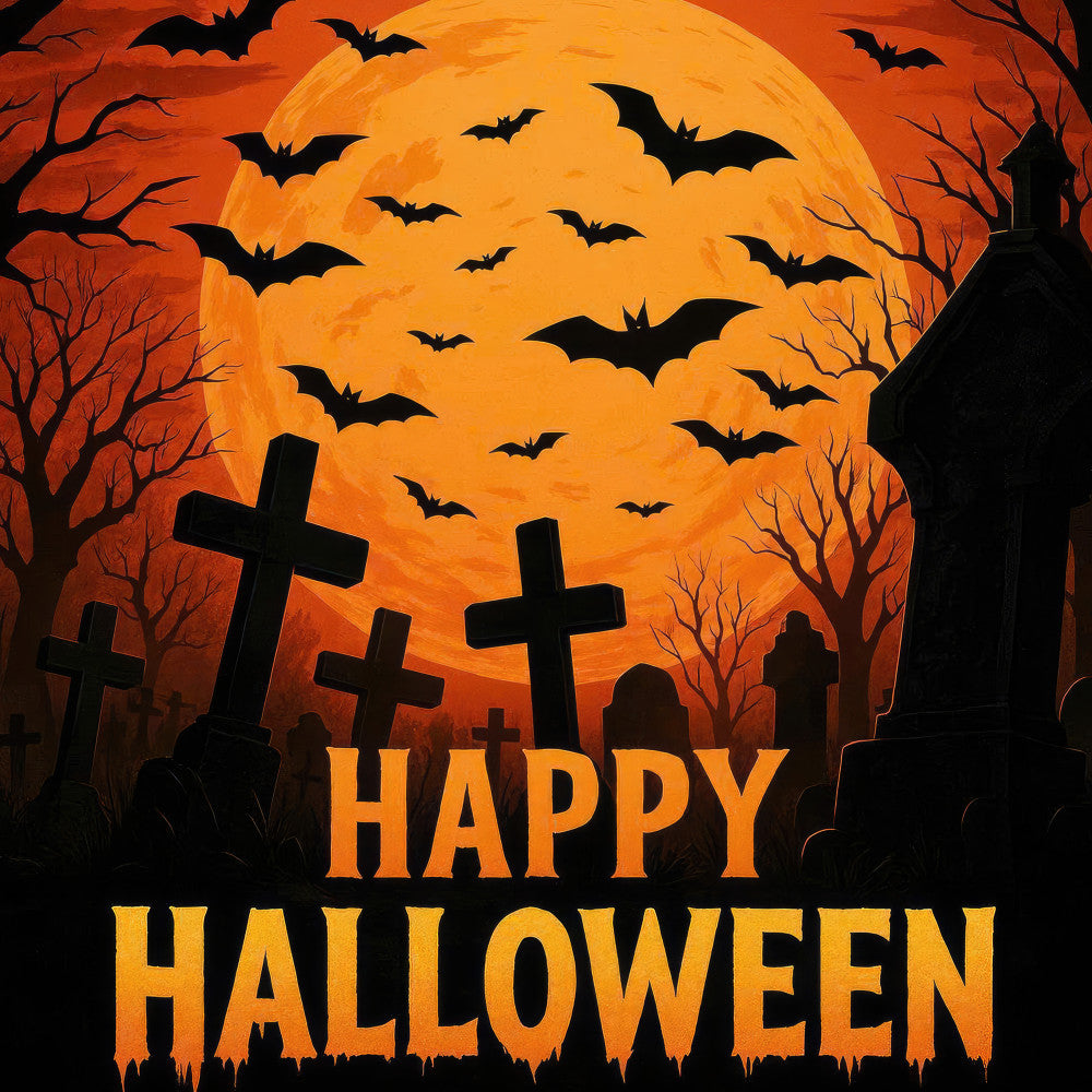 halloween, orange, black, gold, yellow, spooky, bats, graveyard, crosses, tombstones, moon, full moon, haunted, gothic, autumn, fall, holiday, scary, creepy, dark, eerie, silhouette, dead trees, bare branches, night sky, whimsical, festive, wall hanging, home decor, seasonal