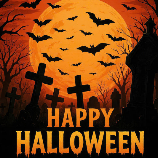 halloween, orange, black, gold, yellow, spooky, bats, graveyard, crosses, tombstones, moon, full moon, haunted, gothic, autumn, fall, holiday, scary, creepy, dark, eerie, silhouette, dead trees, bare branches, night sky, whimsical, festive, wall hanging, home decor, seasonal