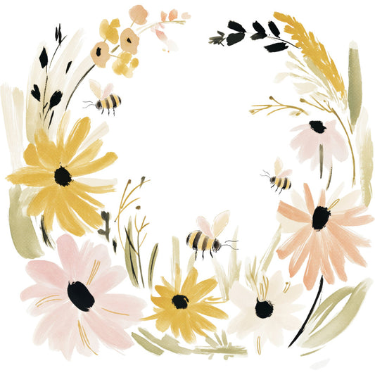 yellow daisy, pale pink, cream, soft gold, sage green, black centers, bees, wildflowers, botanical, nature, spring, summer, floral, whimsical, cottage core, farmhouse, garden theme, pollinators, insects, delicate, watercolor style, rustic charm, natural tones, pressed flowers, meadow, wildflower bouquet, cheerful, peaceful, wall hanging, quilt panel