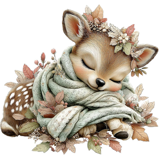 sleeping deer, fawn, woodland animals, floral, autumn leaves, sage green, dusty rose, cream, tan, brown, nature, whimsical, gentle, soft, cozy, rustic, elegant, baby, nursery, forest theme, botanical, berries, leafy branches, peaceful, dreamy, autumn, fall, vintage illustration, storybook, enchanted forest