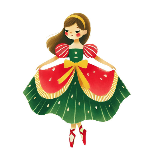 ballet dancer, Christmas, festive, gold, green, holiday, puffed sleeves, red, striped sleeves, whimsical, nutcracker, vintage, classic, elegant, dancing figure, pointe shoes, cream, red cape, green skirt, decorative bow, charming, traditional, winter, celebration, storybook, illustrated, figure motif, cheerful, sweet