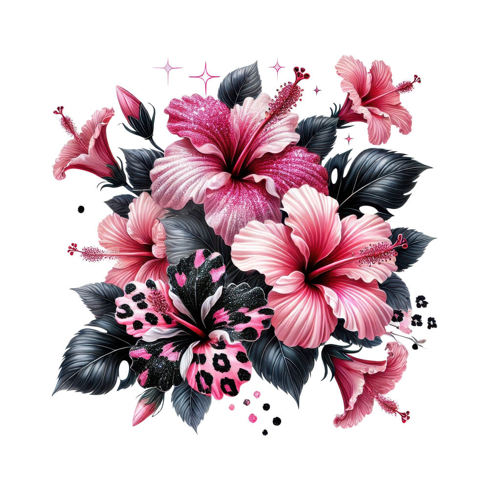 fuchsia pink, hot pink, magenta, black, deep rose, coral pink, sparkle, glitter, floral, hibiscus, tropical flowers, nature, botanical, leopard print, animal print, pattern mix, glittery, shimmery, elegant, modern, whimsical, bold, vibrant, stars, decorative elements, feminine, garden theme, exotic, statement design