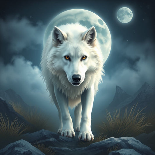 white wolf, arctic wolf, amber eyes, moonlit, celestial, night sky, full moon, mountains, misty, mysterious, winter, nocturnal, wildlife, animal, predator, ethereal, magical, fantasy, dark blue, silver, pale blue, cool tones, dramatic, elegant, mystical, nature, wilderness, moonlight, stars, ethereal landscape