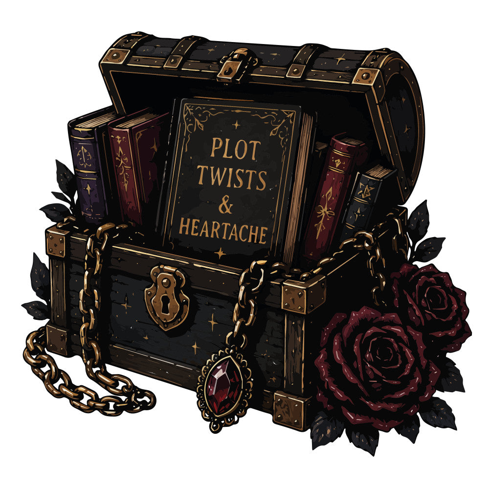 black, gold, burgundy, dark red, deep crimson, vintage, gothic, literary, books, treasure chest, roses, dark romance, celestial, stars, chains, elegant, whimsical, dark academia, fantasy, magical, ornate, decorative, plot twists and heartache, book lover, reader gift, moody, dramatic, steampunk, jeweled, ornamental